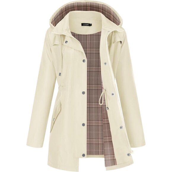 💫 Women Cream Waterproof Trench Coat Outdoor Hiking Lightweight Hooded Raincoat - Picture 1 of 5